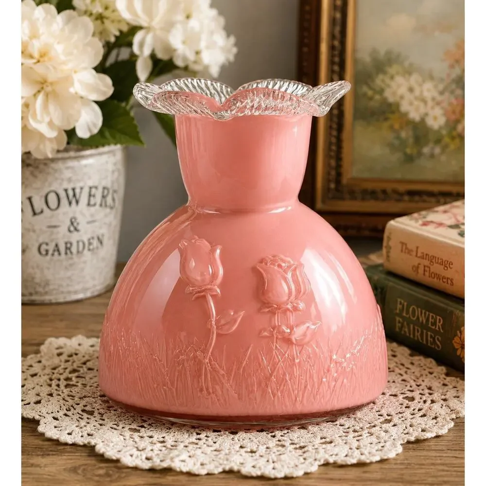 Vintage Pink Satin Glass Vase Embossed Floral Clear Ruffled Rim 7.5” Art Glass